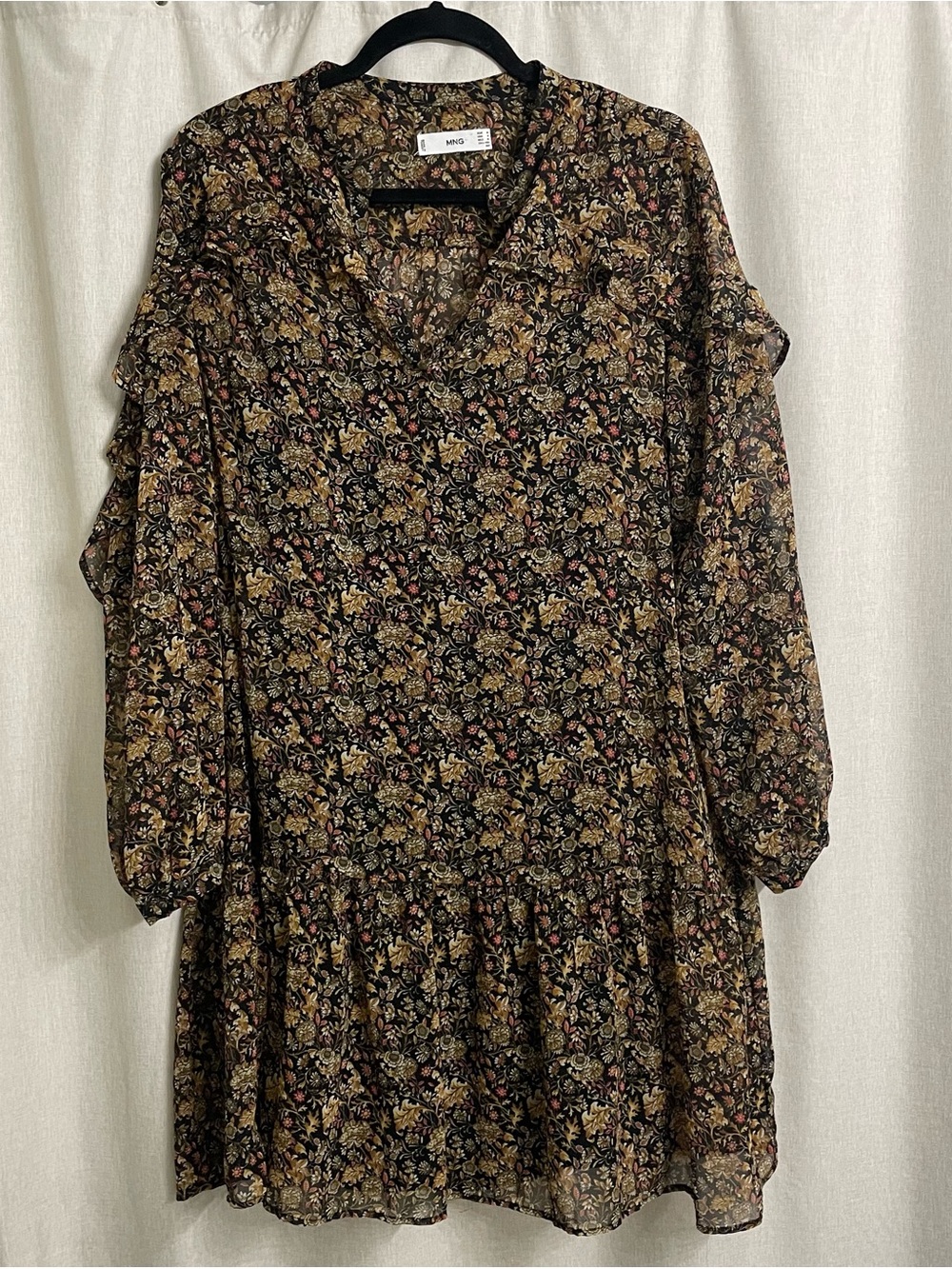 Mango Black Floral Ruffle Long Sleeve Mini Dress Size M